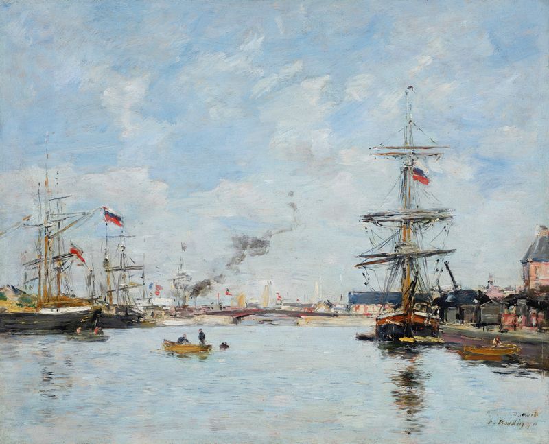 pintura a óleo de Deauville, Le Bassin À Marée Haute de Eugène Boudin mostrando reflexos na água e barcos