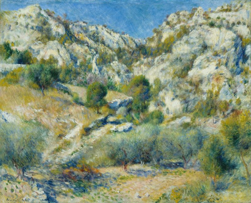 Rocky Crags at L’Estaque de Pierre-Auguste Renoir, óleo de acantilados coloridos.