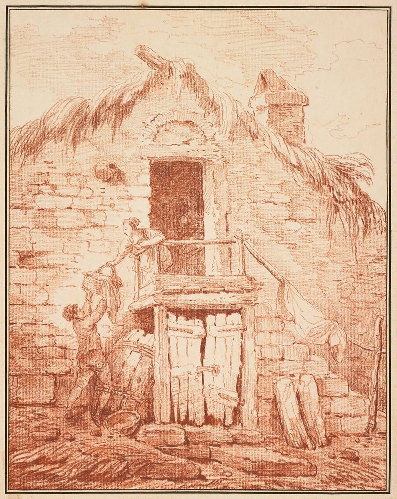 A Stone Cottage de Hubert Robert, óleo sobre lienzo, con paredes de piedra y luz dorada filtrada.