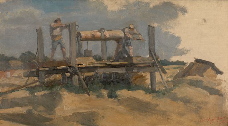 Drilling a Well de Edouard Agneessens, óleo sobre lienzo que muestra trabajadores alrededor de un pozo.