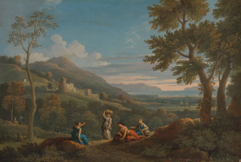 A classical landscape with peasants, oil on canvas by Jan Frans Van Bloemen.
