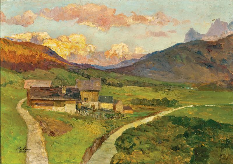 Twilight landscape with clouds and golden light by Marie Egner, oil on canvas