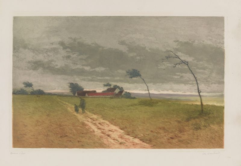 Landscape with stormy clouds and light, oil on canvas by Charles-Louis Houdard
