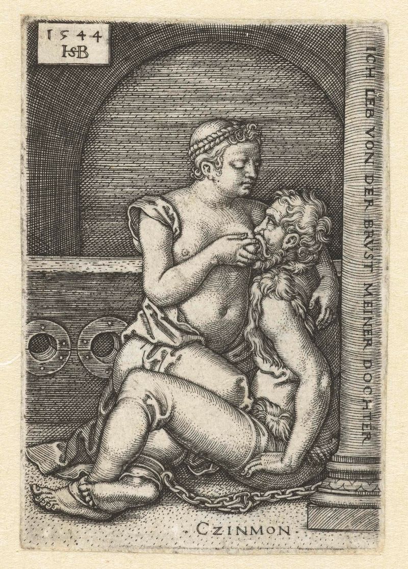 Gravura de Hans Sebald Beham retratando Cimon acorrentado em uma prisão.