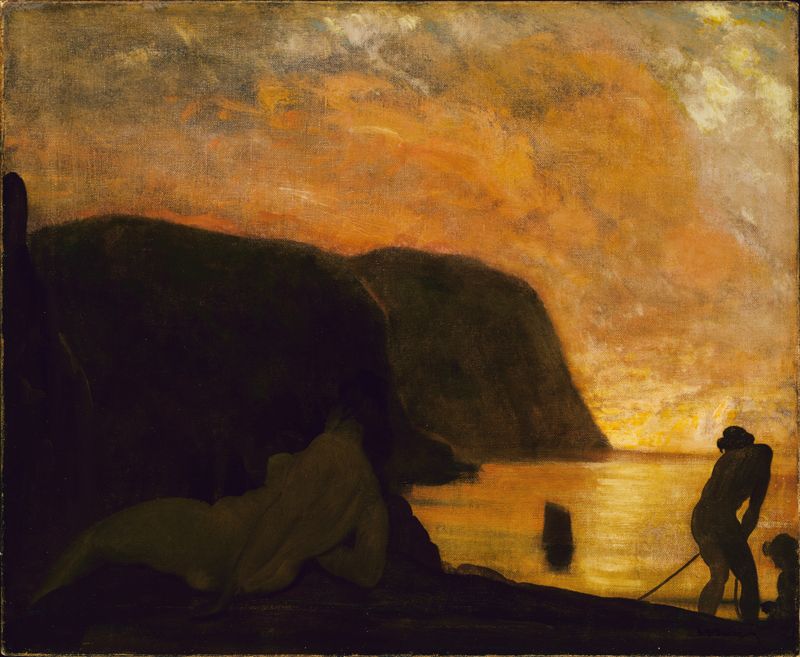 Landscape at dawn light, oil painting by Arthur Bowen Davies