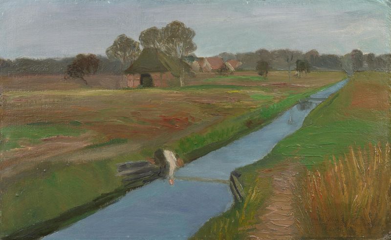 Landscape oil painting by Fritz Mackensen depicting a river under golden light.
