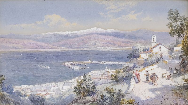 O Porto de Messina com a Costa da Calábria ao fundo, óleo sobre tela de Charles Rowbotham