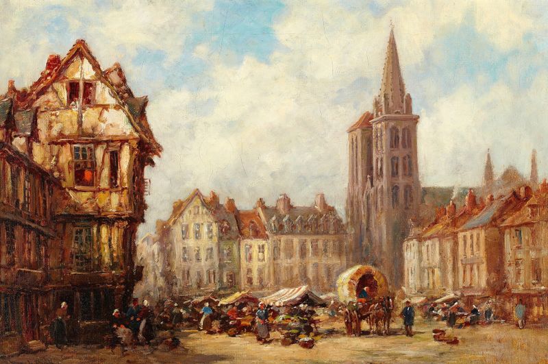 Escena marina con luz dorada y siluetas de Pierre Le Boeuff, pintura al óleo