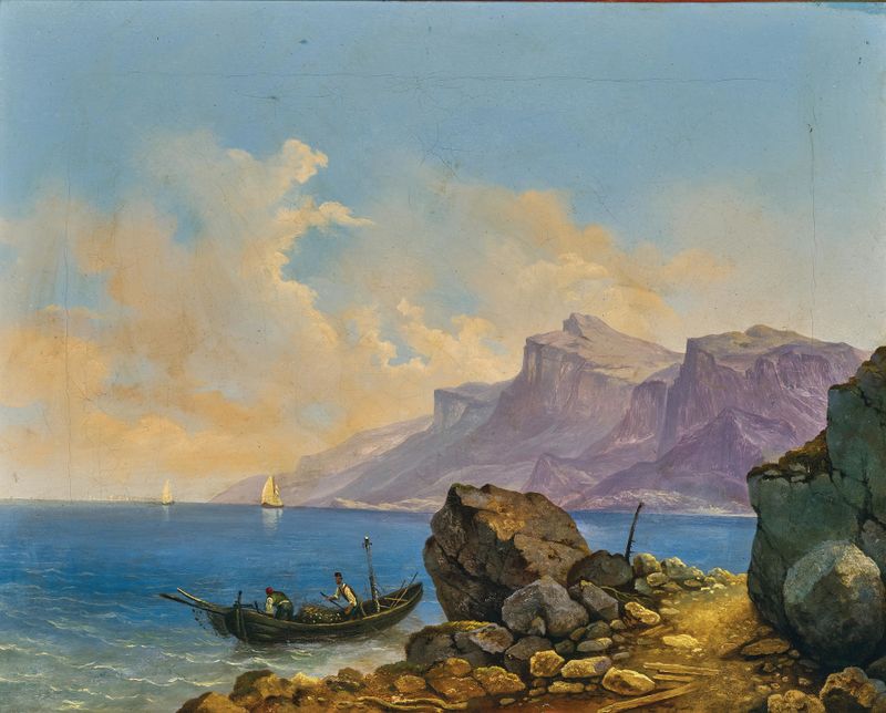 A lake landscape with a boat, oil painting by Markus Pernhart