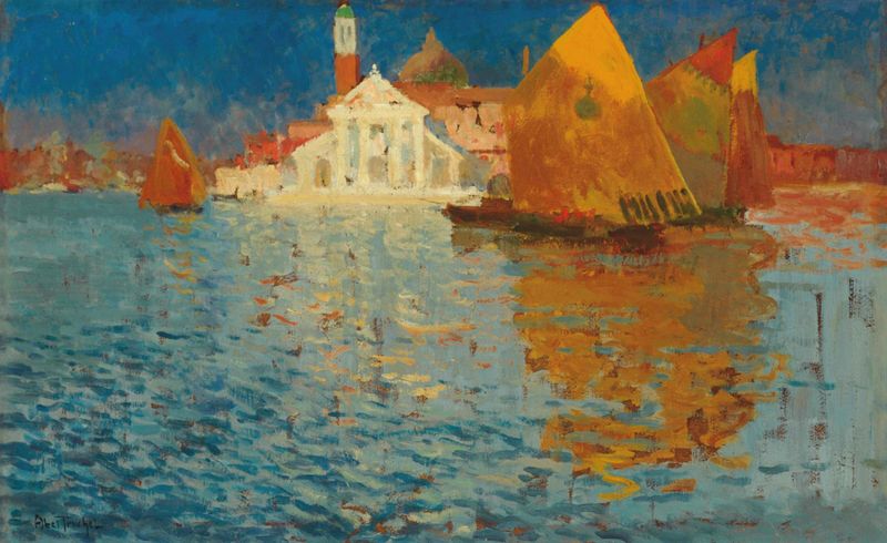 Vessels before San Giorgio Maggiore, oil on canvas by Louis Abel-Truchet, depicting boats and the skyline.