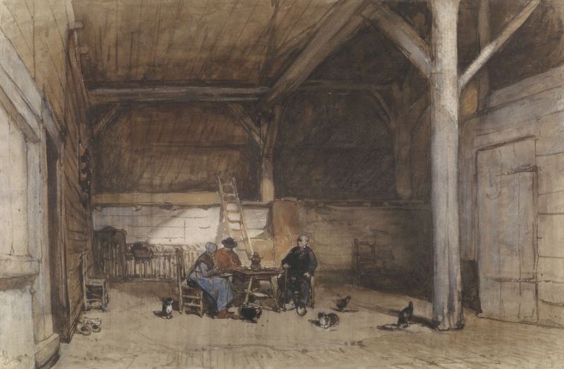 Interior scene with two men and a woman at a table, cats and chickens, oil painting by Johannes Bosboom