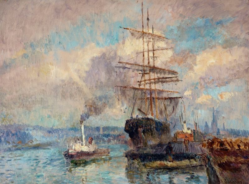 Escena marina con barcos en el puerto, óleo sobre lienzo de Albert Lebourg