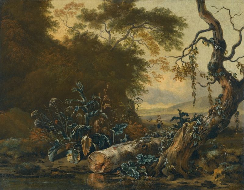 A Landscape With Trees And Foliage Beside The Edge Of A Pond de Jan Wijnants, pintura al óleo