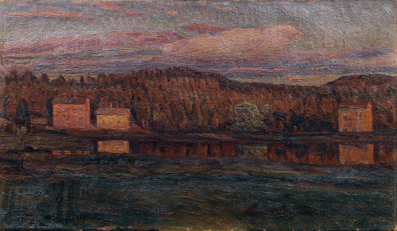 Landscape oil painting by Herman Norrman depicting a river with golden light.