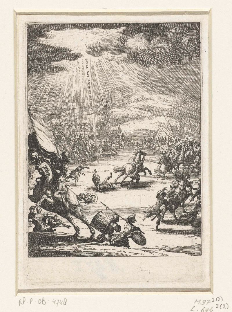 Bekering van Paulus, grabado de Jacques Callot, que representa figuras en una escena religiosa caótica.
