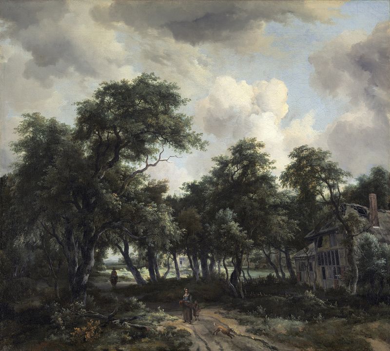 Hut among Trees, pintura al óleo de Meindert Hobbema, con una cabaña de techo de paja y árboles.