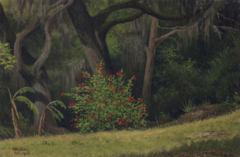 Woodland scene with red flowers, oil painting by William Aiken Walker