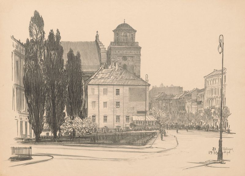Castle Square landscape by Feliks Jabłczyński, oil on canvas