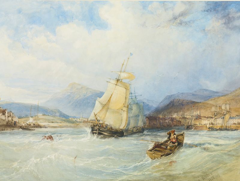 Cena marinha com navios e montanhas de Charles Bentley, óleo, 1838