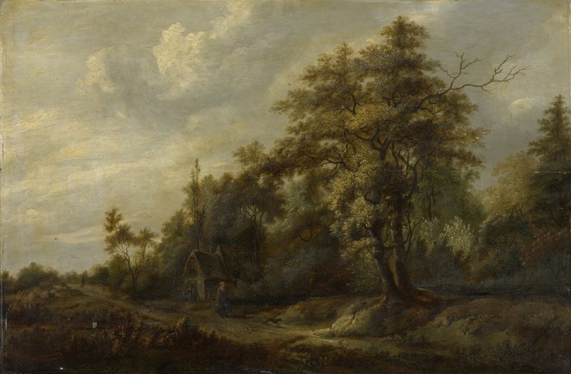 Road in the Woods with Staffage Figures de François van Knibbergen, óleo que muestra un camino sereno en el bosque.