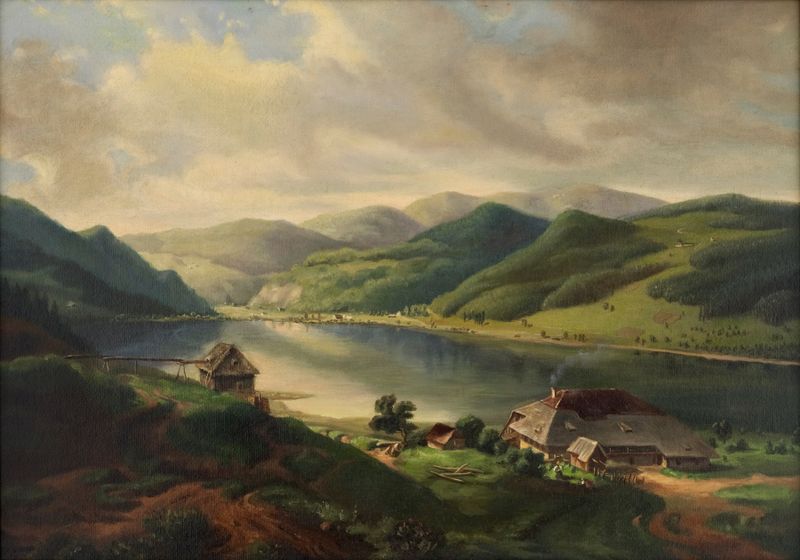 Lake Titisee de Ida Maier-Müller, óleo sobre lienzo, representando una escena de lago tranquilo con reflejos.