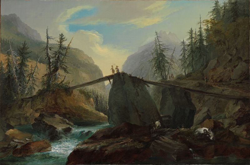 Paisaje con un puente de madera sobre un arroyo, pintura al óleo de Caspar Wolf