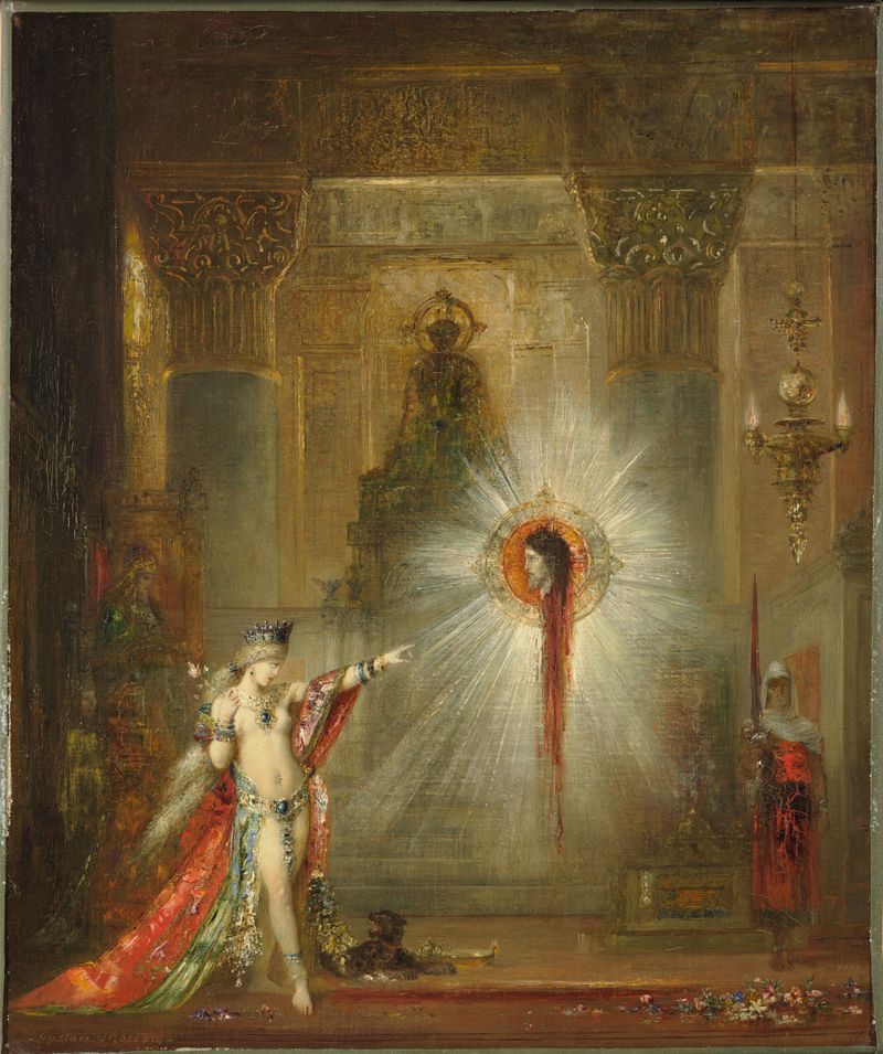 The Apparition, oil on canvas by Gustave Moreau, features Salomé in a shimmering gown amidst dark hues.