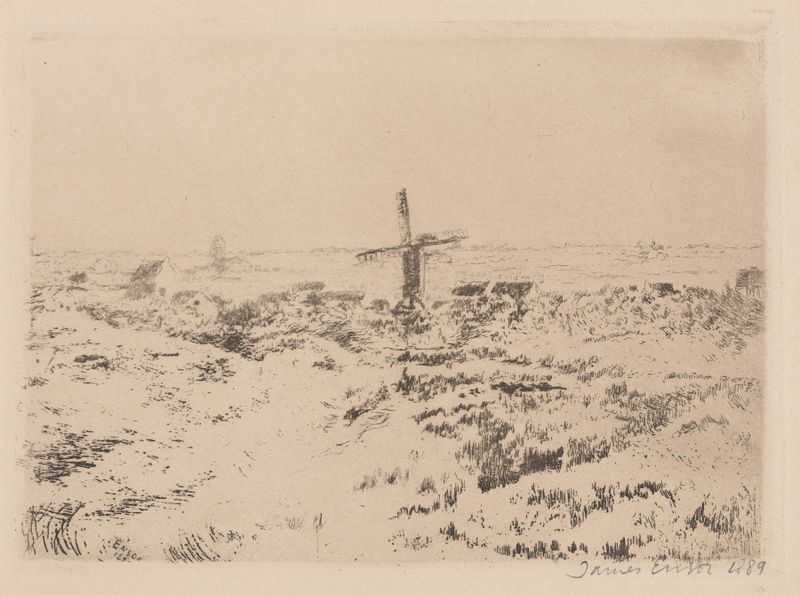 Pintura al óleo de Post-Impresionismo de James Ensor que muestra un molino bajo un cielo tormentoso