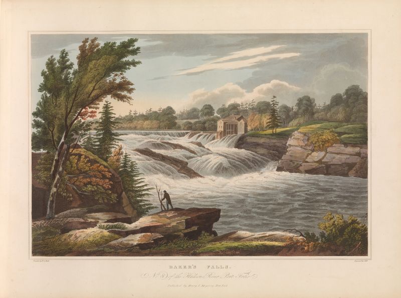 Baker’s Falls de John Hill, paisaje romántico, que representa una cascada con tonos azules y verdes.