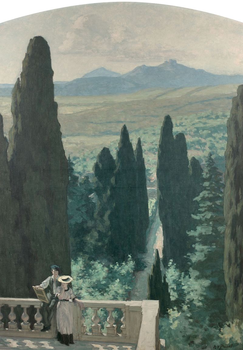 Landscape with cypress trees and terrace, oil painting by René François Xavier Prinet
