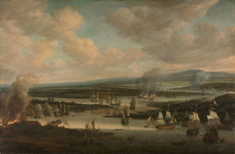 Burning of the English Fleet near Chatham, oil on canvas by Willem Schellinks