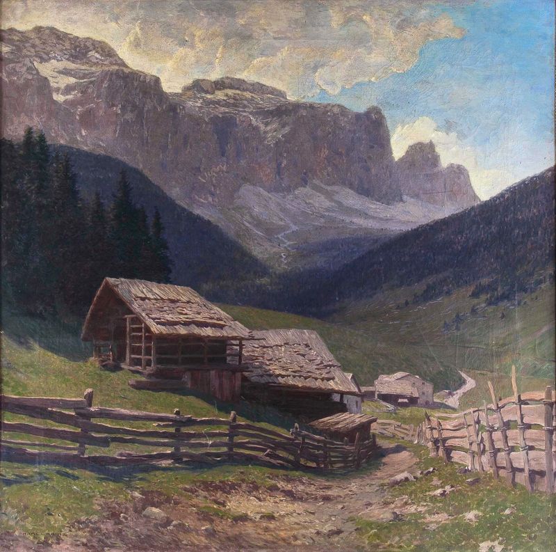 Landscape featuring a farmhouse and vibrant crops by Karl Ludwig Prinz, medium unknown.