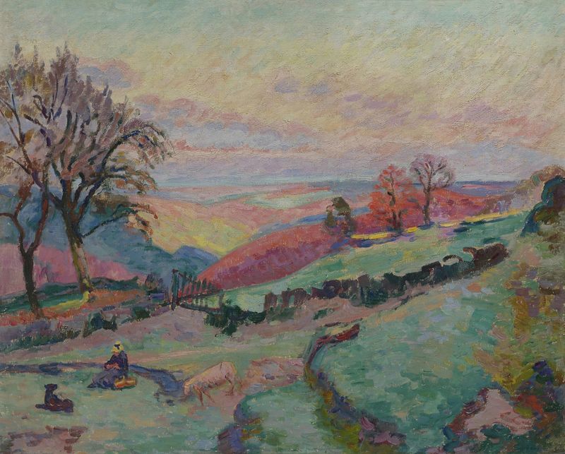 Crozant de Armand Guillaumin, óleo sobre tela retratando um rio e uma floresta com luz dourada.
