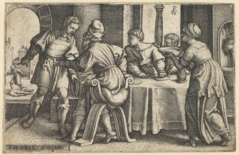 Gravura de Georg Pencz mostrando Tobit deixando um banquete após ouvir sobre um homem assassinado.