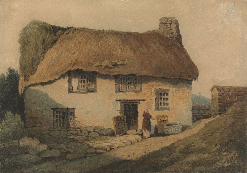 Aquarela de Samuel Prout representando uma cabana de palha em um cenário natural