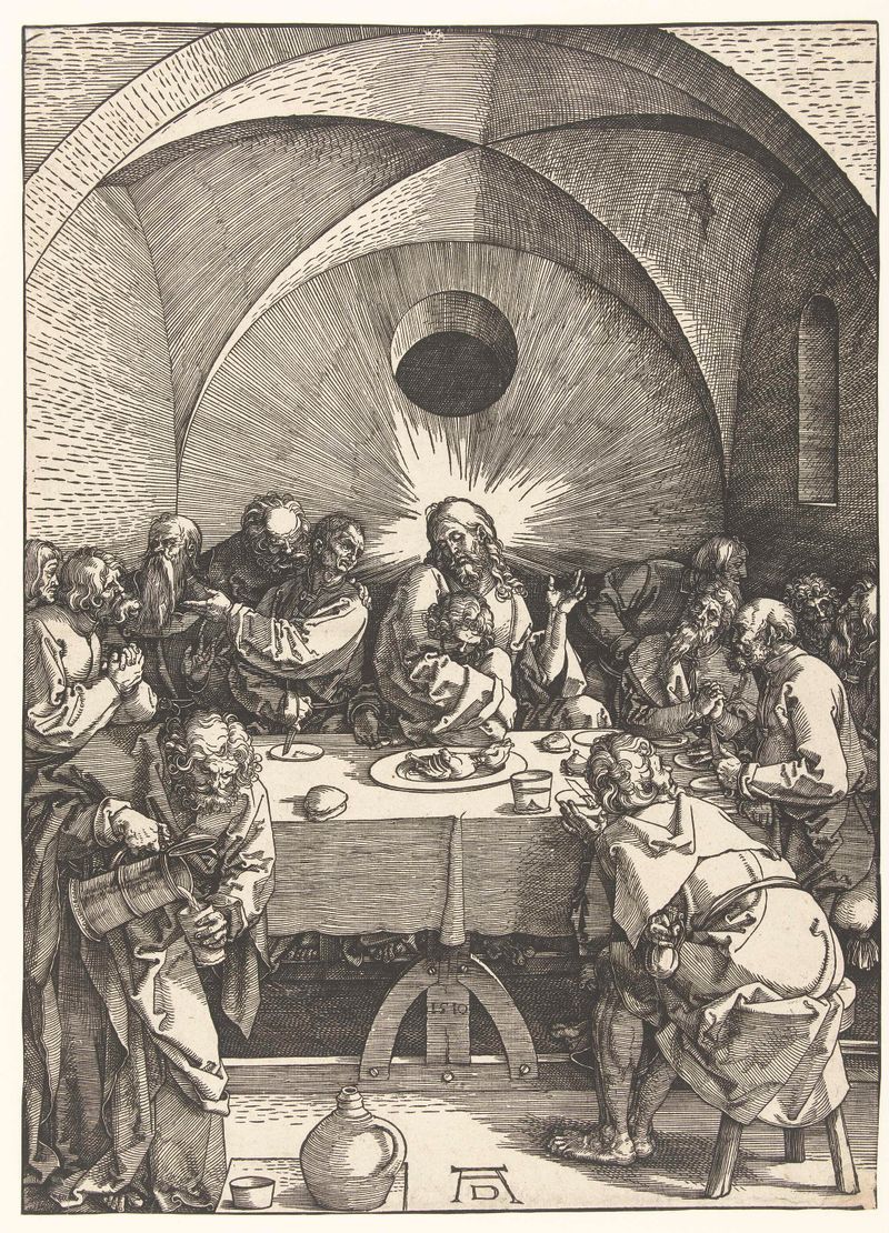 Laatste Avondmaal de Albrecht Dürer, gravura em papel mostrando figuras ao redor de uma mesa.