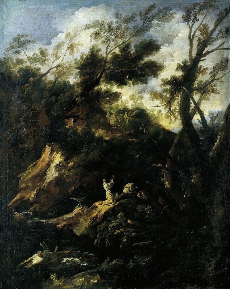 Landscape with Two Praying Monks by Antonio Francesco Peruzzini, oil painting depicting two monks in prayer.