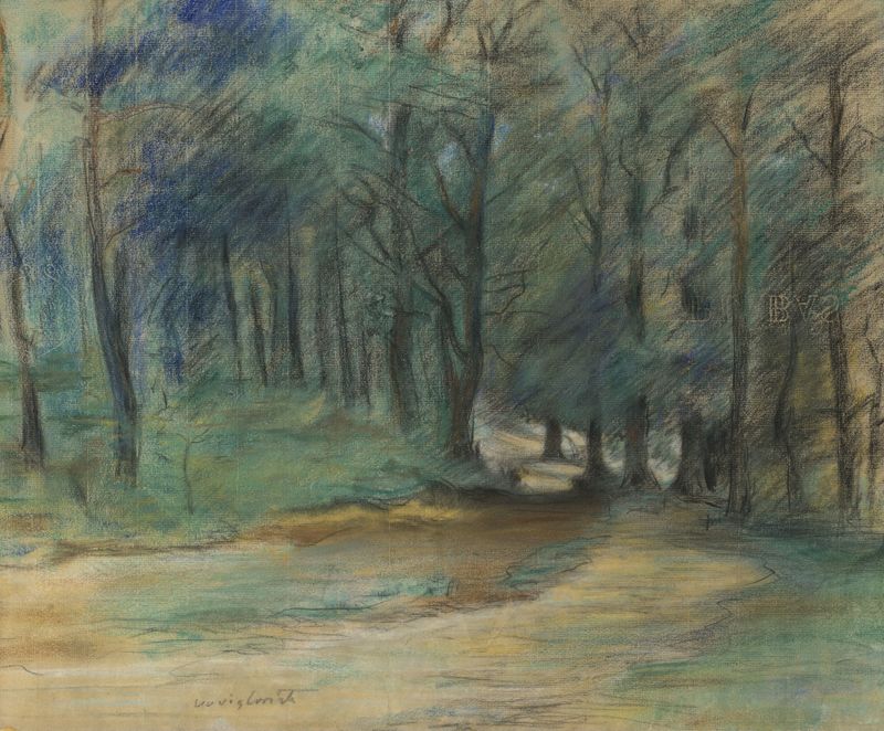 Woodland Path de Lovis Corinth, pintura a óleo de um caminho florestal com luz filtrada.