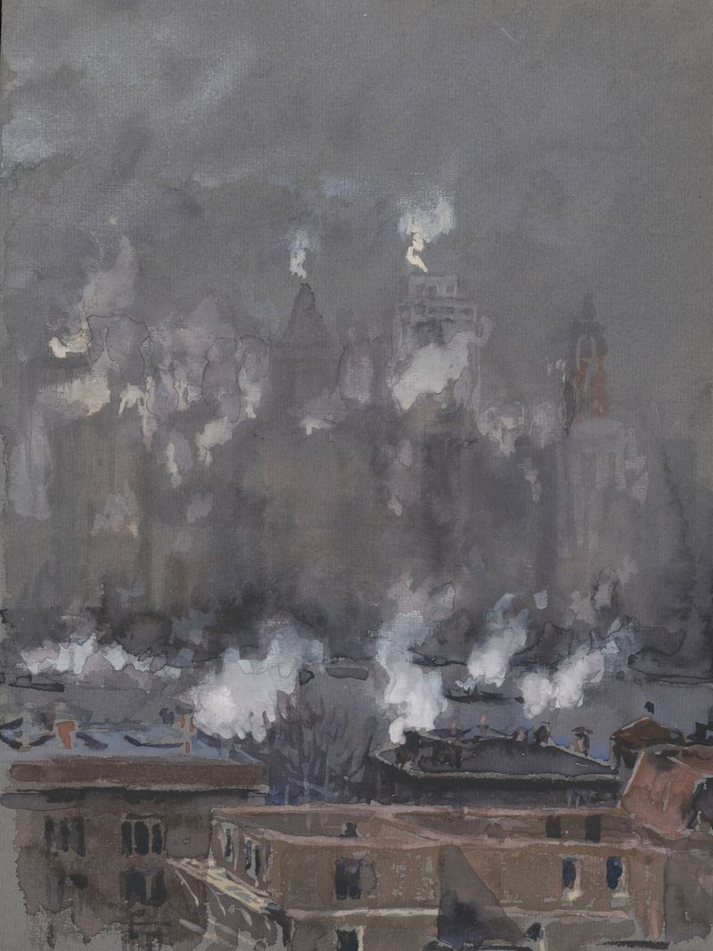 Smoke and fog on gray day, New York City by Joseph Pennell, Impressionism