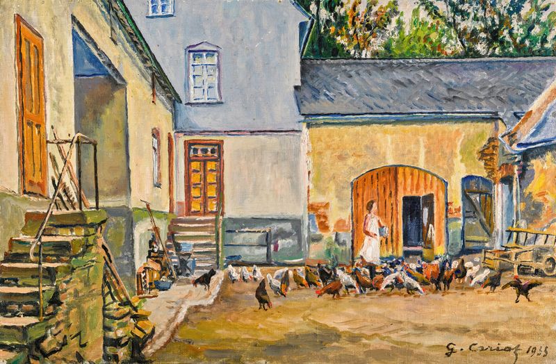 Oil on canvas by Gustave Cariot depicting a sunlit courtyard with chickens.