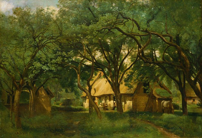 La Granja Toutain en Honfleur de Jean-Baptiste-Camille Corot, óleo sobre lienzo que representa un paisaje rural