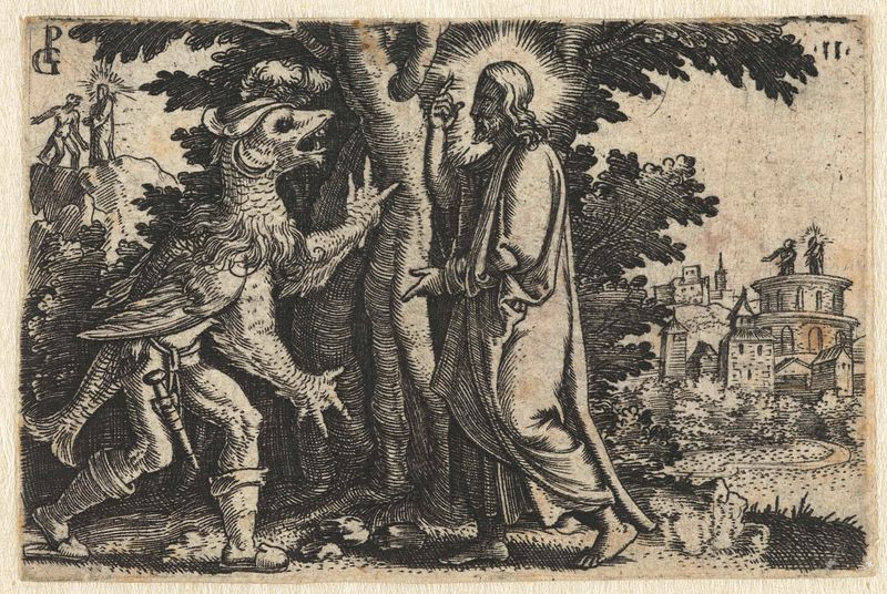 Grabado de Georg Pencz que representa a Cristo y al diablo en un momento de tentación