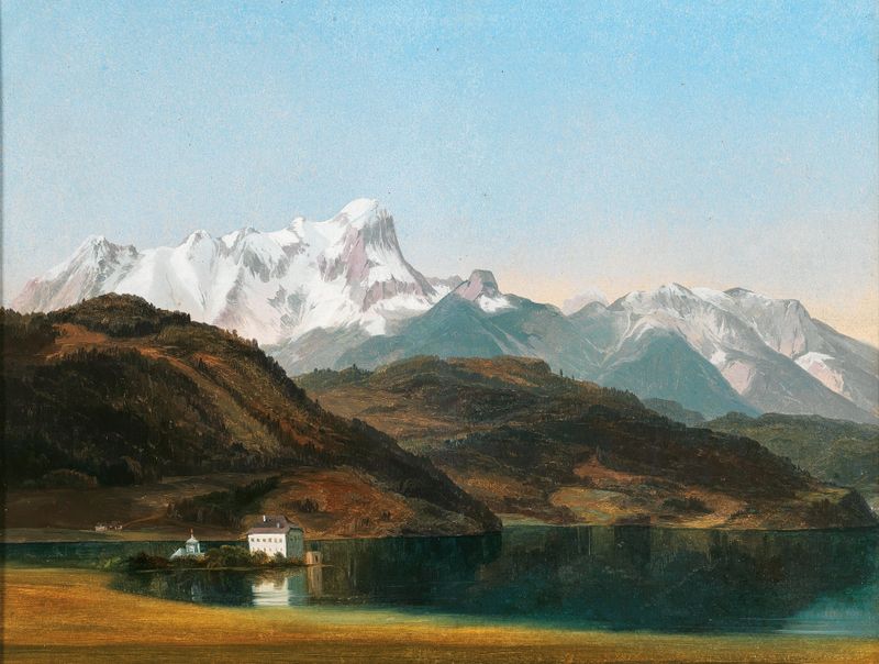 Landscape of Lake Wörthersee with village and hills by Markus Pernhart, oil painting