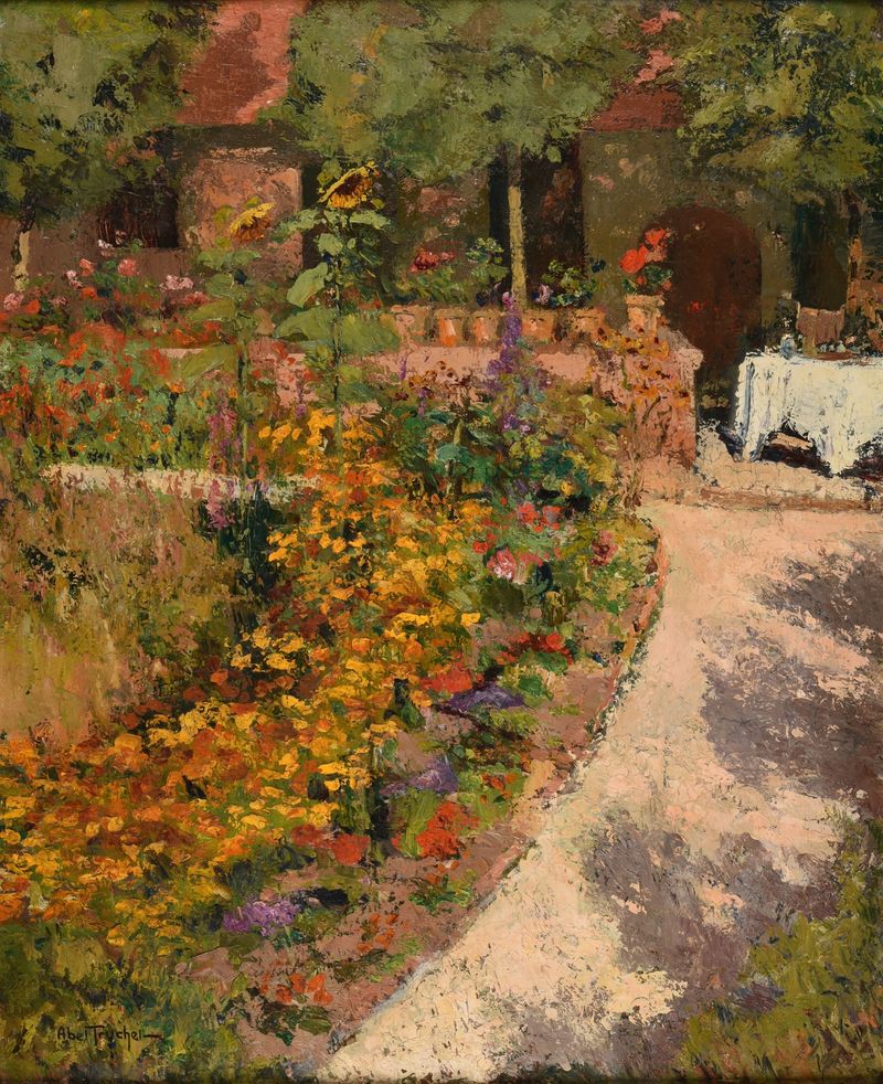 Oil painting by Louis Abel-Truchet depicting a vibrant garden with flowers and foliage.