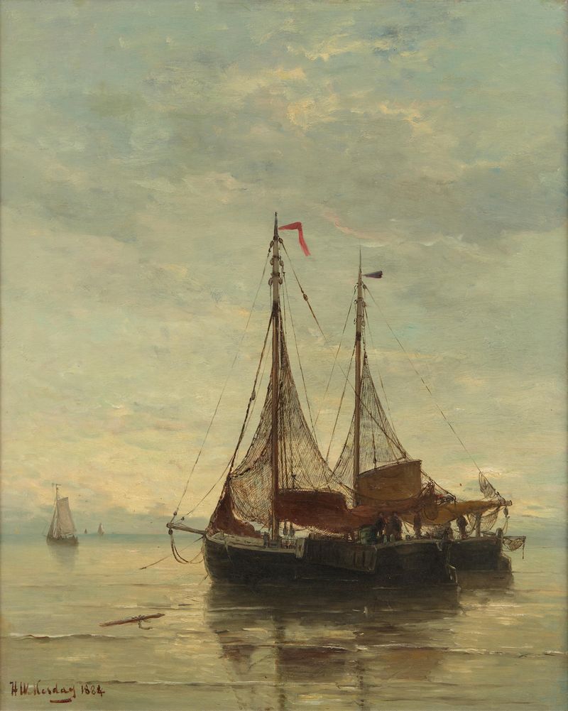 Escena marina con barcos anclados, pintura al óleo de Hendrick Wilhelm Mesdag