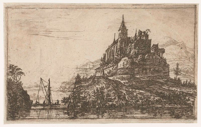 Landschap met een rivier en een kasteel op een heuvel, etching by Jan Ruyscher