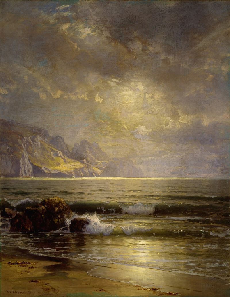 Seascape de William Trost Richards, pintura a óleo que retrata ondas e um nascer do sol.