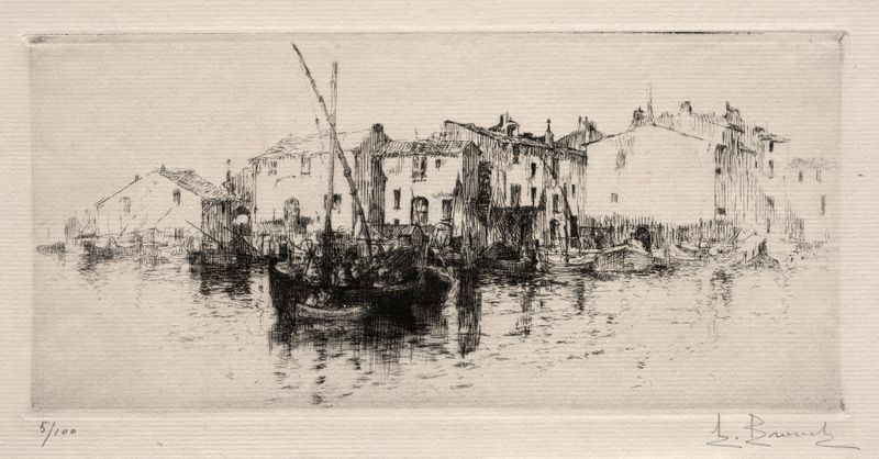 Landscape etching by Auguste Brouet depicting water and horizon with soft hues of blue and gold.