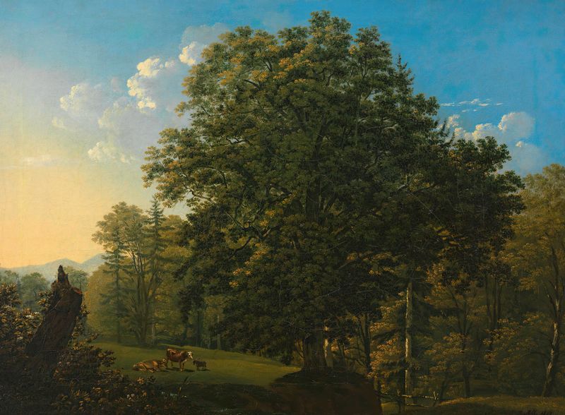 Landschaft mit weidenden Kühen de Jakob Alt, óleo sobre lienzo que muestra vacas en un prado exuberante.