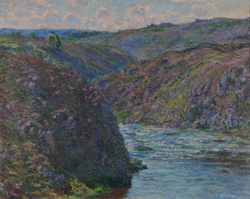 Les ravins de la Creuse, óleo sobre lienzo de Claude Monet que muestra acantilados y un río.